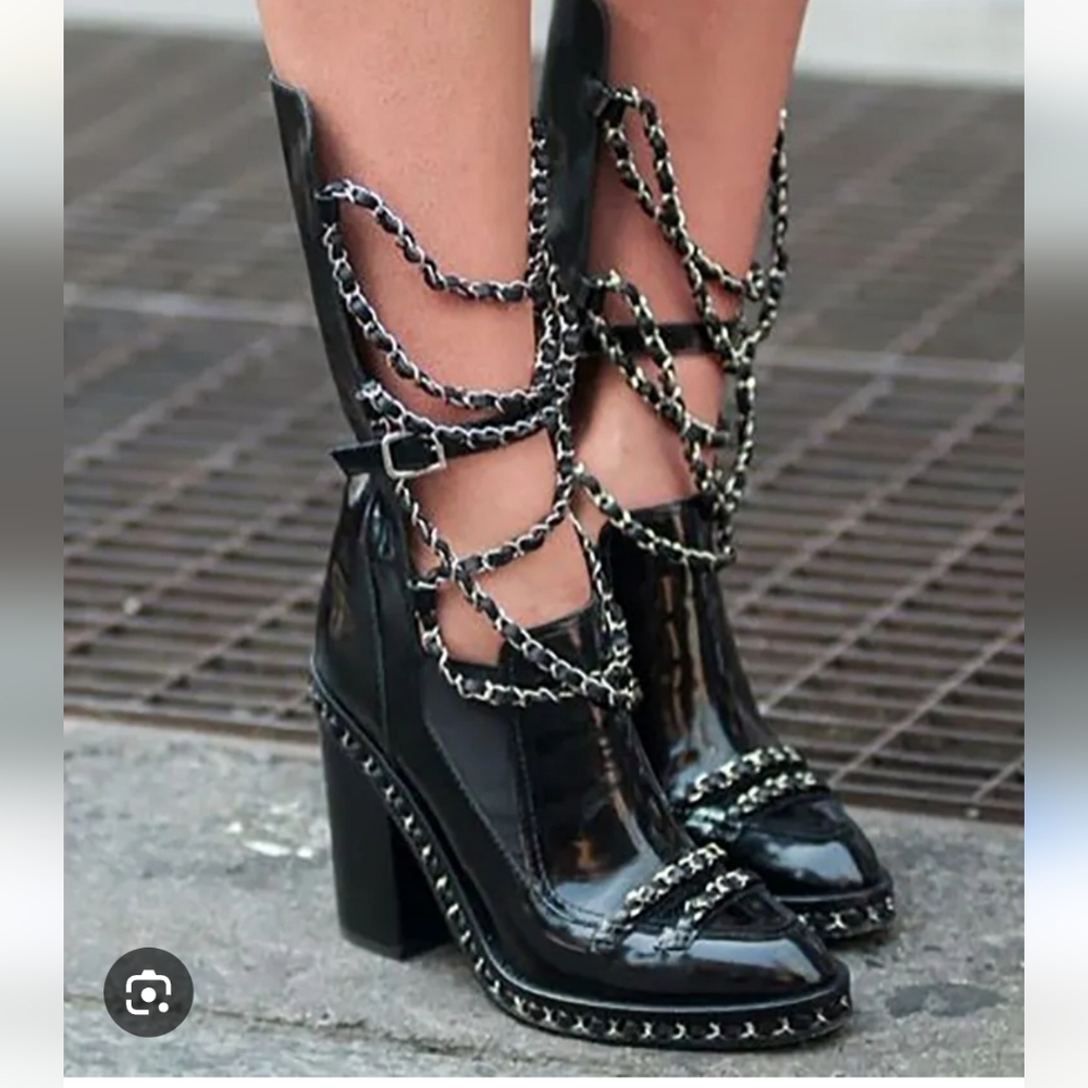 DH GATE Combat Chain Boots Black Heeled with Chunky Block Heel Sz 39